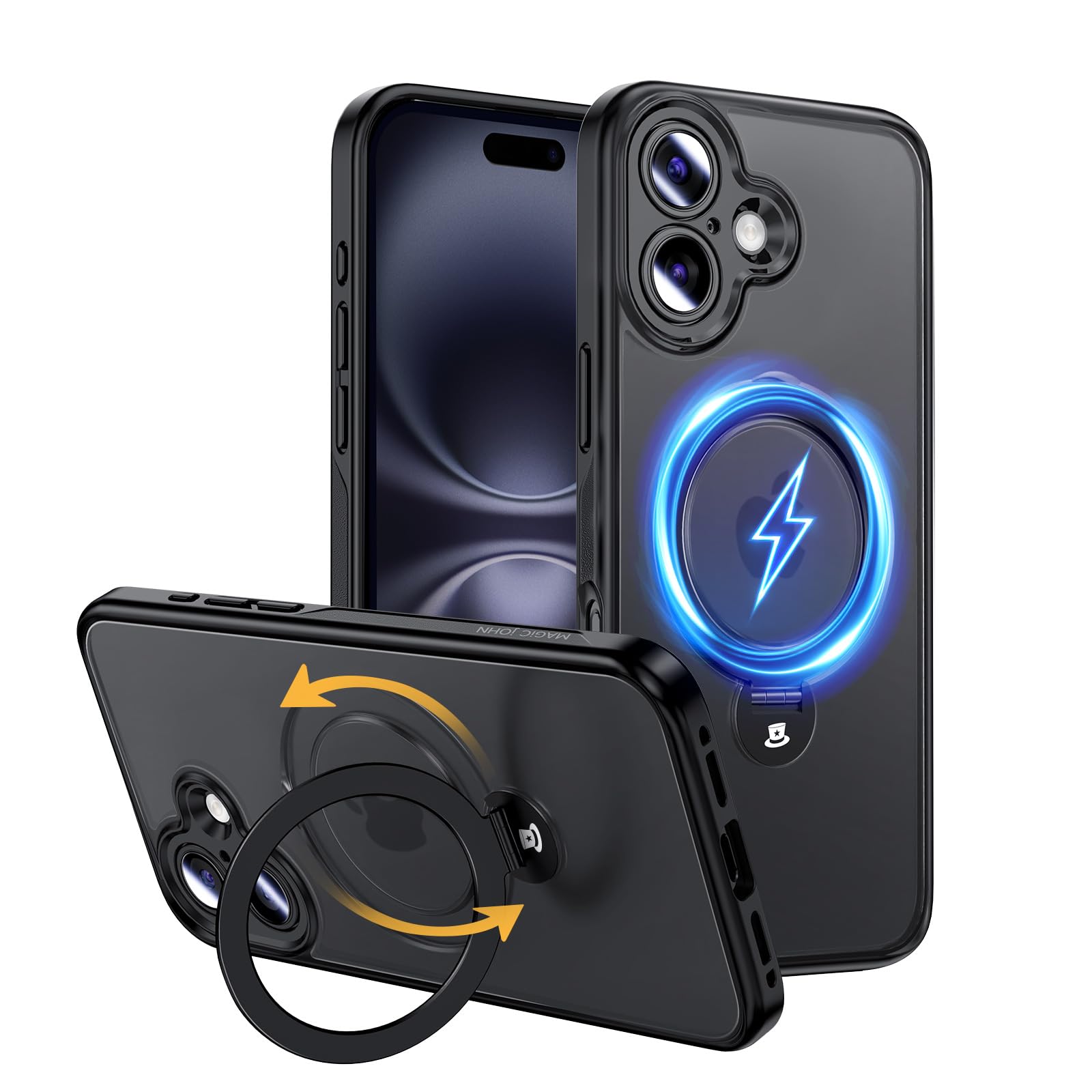 MAGIC JOHN for iPhone 16 Plus Case [Compatible with Magsafe] [with Magnetic Metal Stand][Military Grade Shockproof][Anti Yellowing],Translucent Matte Back with Soft Edge, Black