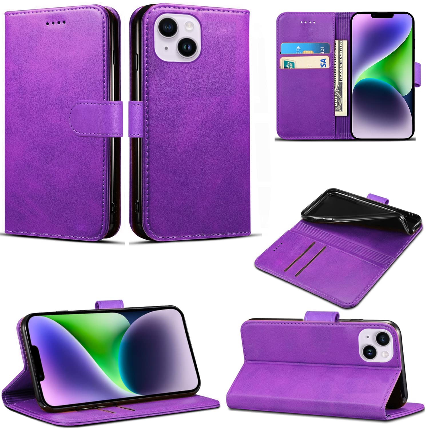 EKAM Case Compatible With iPhone 14 Leather Wallet Book Flip Folio Stand View Cover Magnetic Closure with Card Slots for iPhone 14 [6.1 Inch] (Purple)