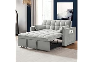 SumKea 55'' 3-in-1 Futon 2-Seater Loveseat Pull Out Couch, Velvet Sleeper Sofa Bed Reclining Backrest, Toss Pillows, Pockets-Perfect for Small Spaces, Living Room Furniture, Gray, Medium