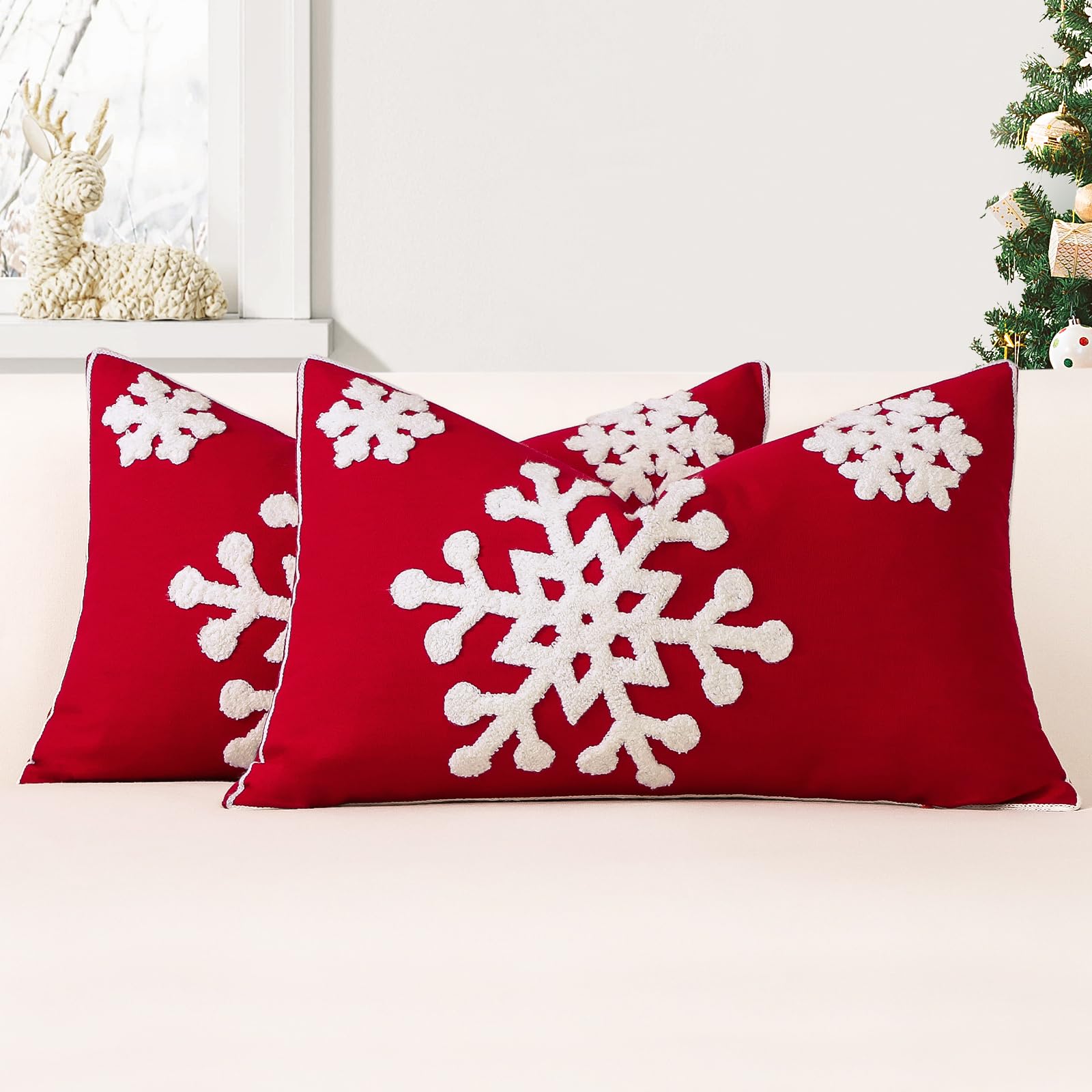 JOTOM Set of 2 Christmas Decorative Winter Snowflake Cushion Covers 40x60 cm Red Throw Pillow Covers Embroidery Cushion Cases Holiday Decor Soft Pillowcases for Couch Sofa Bedroom Car (Red)