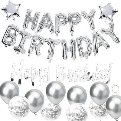 Kriovoa Silver Happy Birthday Balloons Banner Party Decorations Set