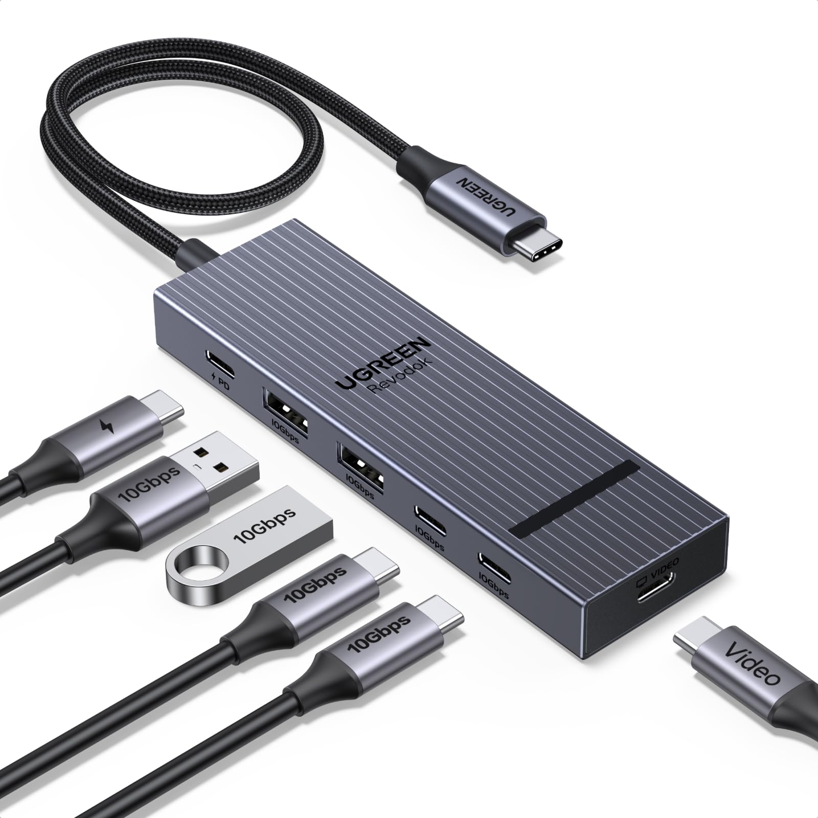 UGREEN Revodok Pro USB C Video Hub, Docking Station mit 4K@60Hz USB-C Anschluss, 10Gbps USB 3.2 Datenports, PD 100W, Multiport Adapter Kompatibel mit Tragbarem Monitor, AR-Brille, MacBook usw.