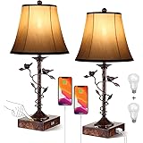Set of Two Table Lamps for Living Room 3-Way Dimmable Bedside Lamp with USB Port and AC Outlet Small Touch Lamps Bedroom Lamp