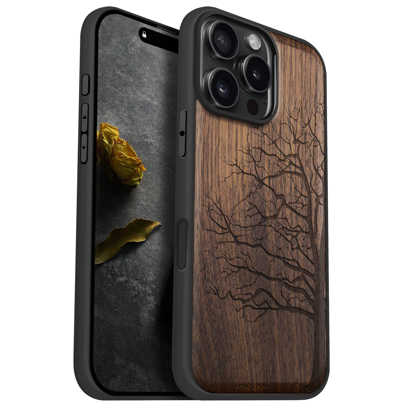 Carveit Magnetic Wood Case for iPhone 16 Pro Max [Solid Wood & Black Soft TPU] Shockproof Protective Cover Unique Wooden Case Compatible with magsafe (Eternal Tree -Walnut)