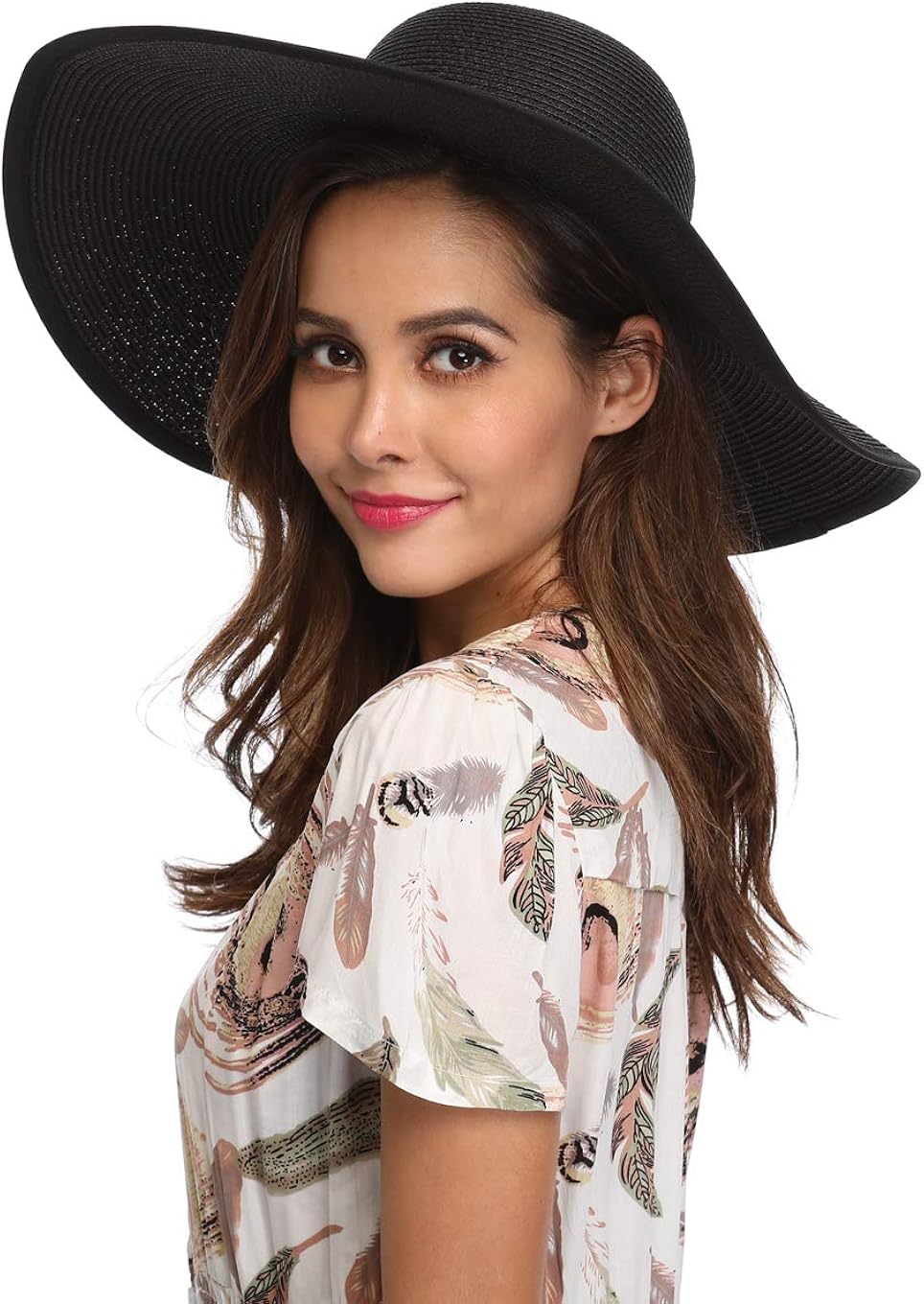 Lanzom Womens Wide Brim Straw Hat Big Floppy Foldable Roll up Cap Beach Sun Hat UPF 50+ (Style B-Black) at  Women’s Clothing store