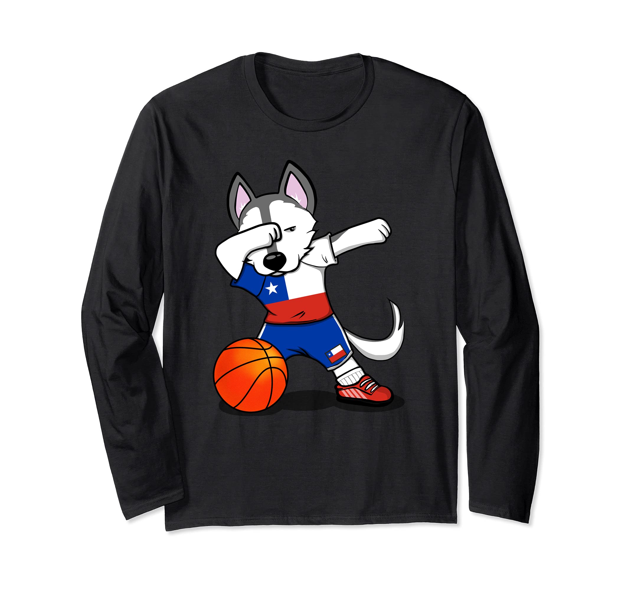 Dabbing Husky Dog Chile Basketball Fans Jersey Chilean Flag Long Sleeve T-Shirt
