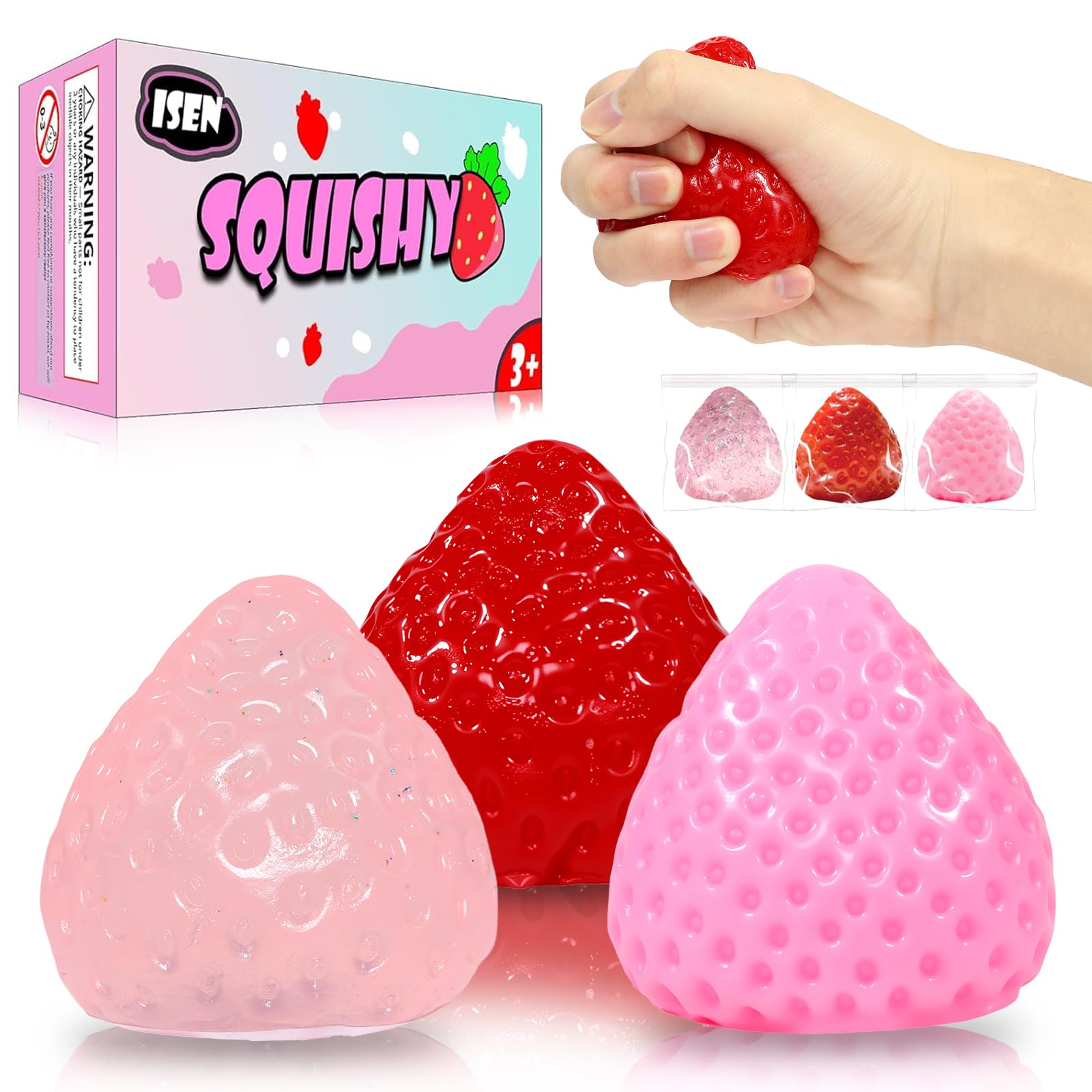 3 Pcs Big Taba Squishies Strawberry Toys,2.56inch Kawaii Sticky Stress Toys - Squishy Fidget Toys Set,Gifts for Kids, Party Favors - Cute Taba Handmade Squeeze Toys - OPP Packaging Gifts
