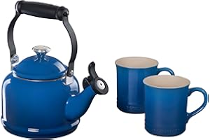 Le Creuset Enamel On Steel Demi Kettle with Metal Finishes & Stoneware Set of 2 Mugs, 1.25 qt. Kettle & (2) 14 oz. Mugs, Marseille