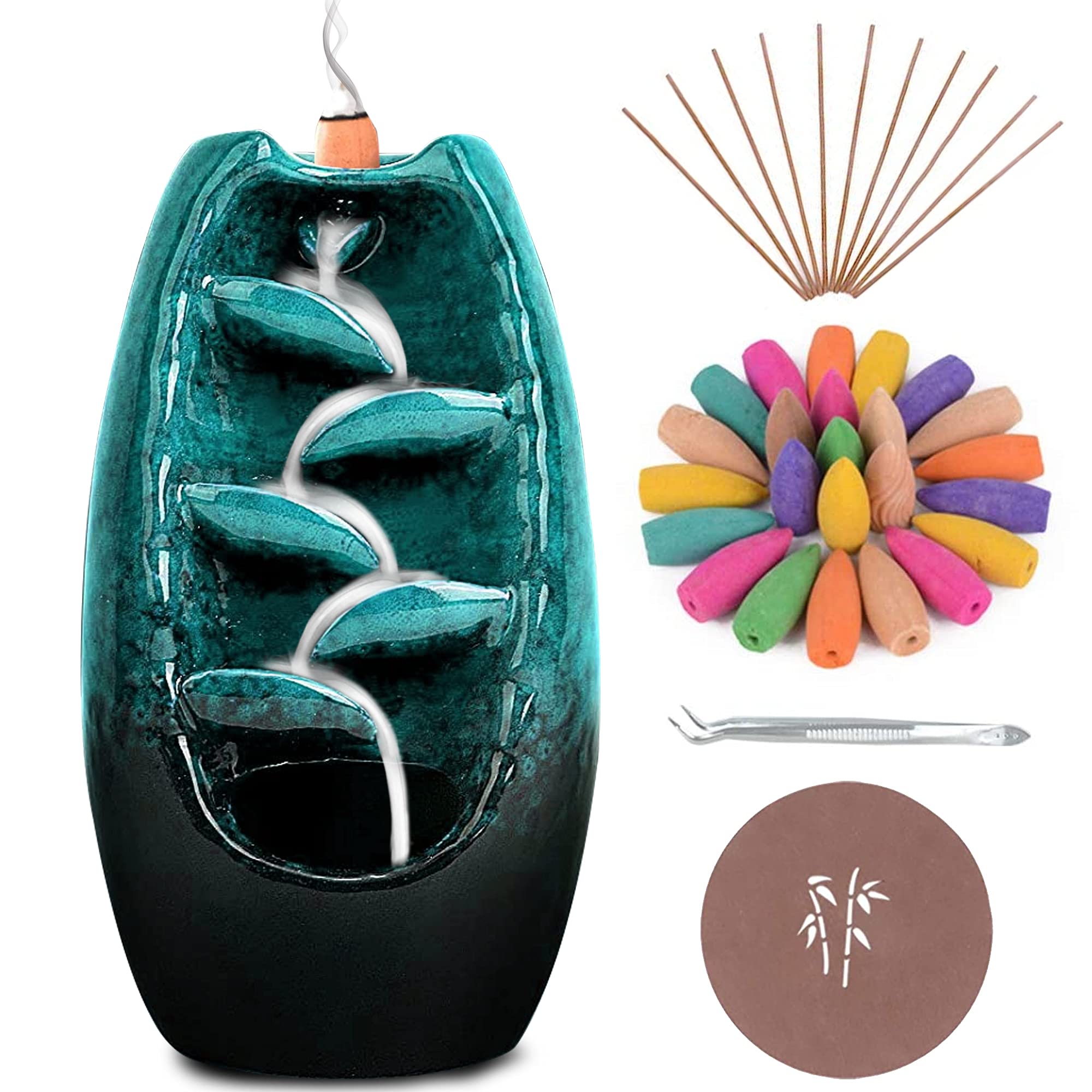 Anbar Backflow Incense Burner with 120 Cones, 30 Sticks, Tongs, and Table Mat, Natural Aromatherapy with Ceramic Smoke Waterfall, Supports Meditation and Relaxation, Home Decor (Blue)