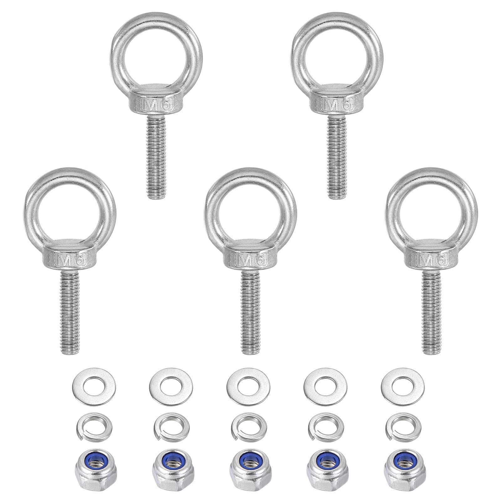 PATIKIL M6 x 25mm Lifting Shoulder Eye Bolt, 5Pcs 304 Stainless Steel Lifting Ring Threaded Eyebolt with Nuts Washers for Hanging Hammocks Articles