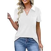 ANAJONRI Women's Polo Shirts Collared Work Tops Short Sleeve Business Casual Dressy Blouses Summer Tops with Pocket