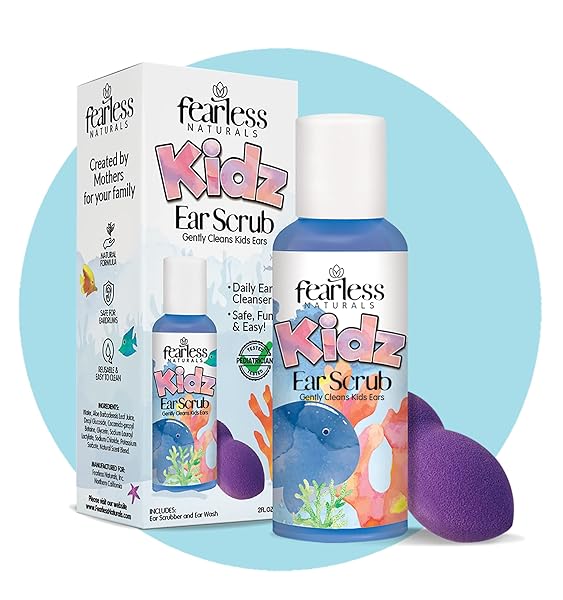 WALLY’S NATURAL KIDS EAR SCRUB EARWAX REMOVAL CLEANSER WASH, CLEANS AWAY WAX, DIRT & OILS, INCLUDES REUSABLE SCRUBBER SPONGE, PEDIATRICIAN-CONSULTED, SAFE FOR KIDS 3+, INFUSED WITH ALOE VERA, 2 FL OZ