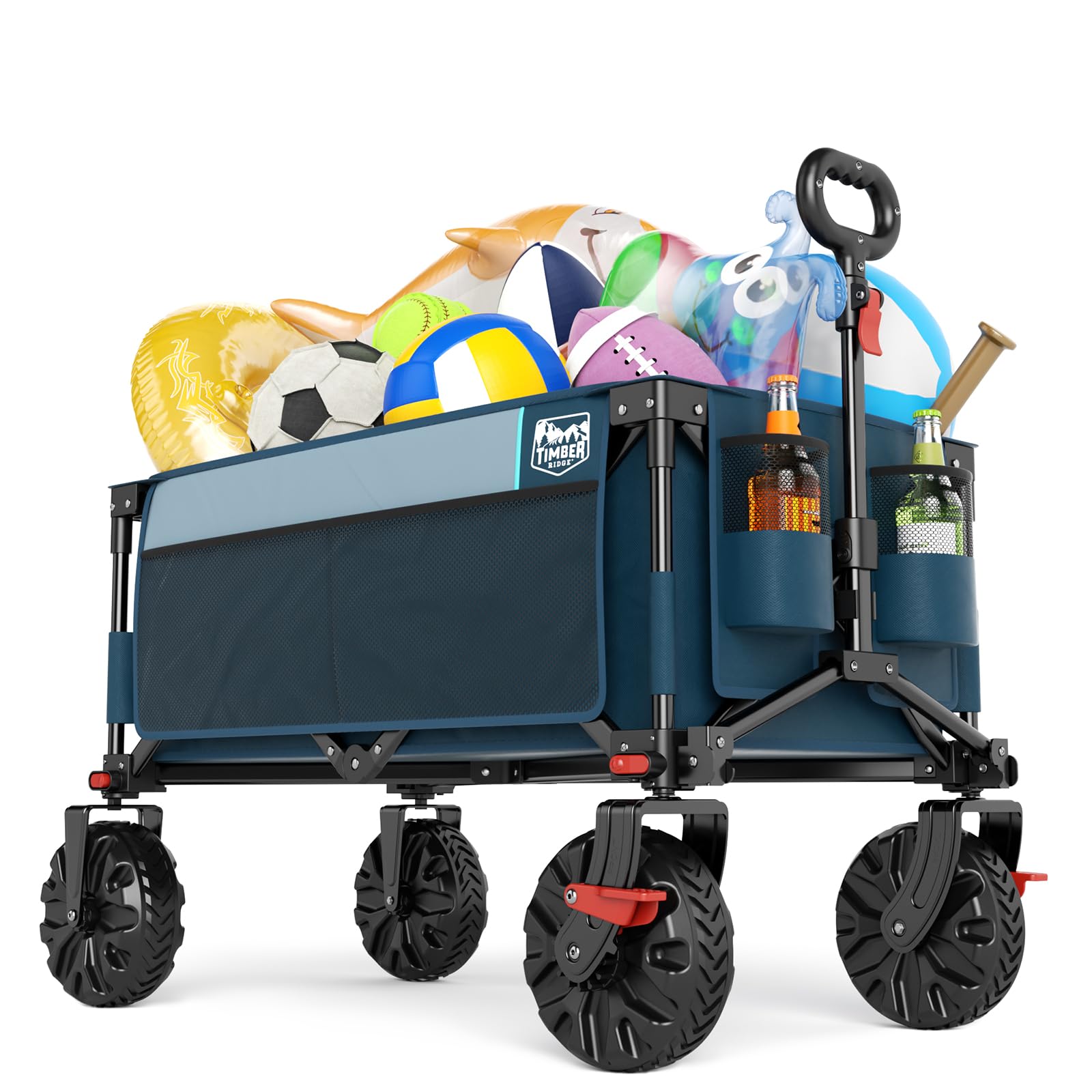 Timber Ridge Outdoor Collapsible Wagon with Brakes Utility Folding Cart Heavy Duty All Terrain Wheels for Shopping Camping Garden with Side Bag and Cup Holders, Blue Image