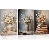 DIACEES 3 Pcs Floral Book Wall Art Vintage White Daisy Wall Decor Farmhouse Wildflowers Poster Country Still Life Canvas Prints for Bedroom, Living Room Home Decor Ready to Hang (12x16 In Canvas)