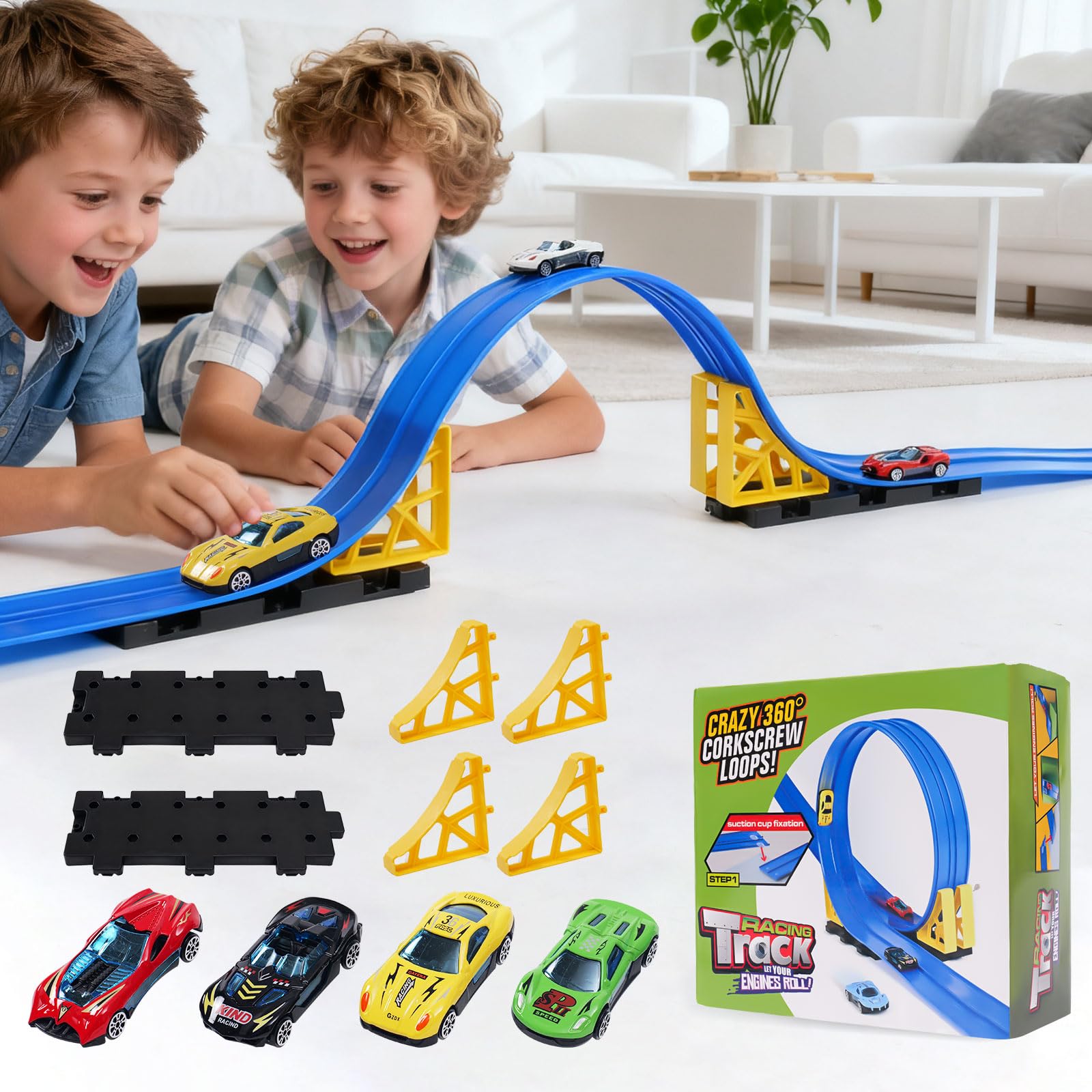 Photo 1 of Kimdog Flexible Race Track for Kids - 15Ft Car Track with 4 Vehicle in 1:64 Scale, 4M DIY Car Ramp Roll Up, Play Race Cars for 3 4 5 6 Year Old Boys Girls, Little People Gifts for Birthday Christmas