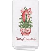 Coquette Red Bow Chinoiserie Christmas Kitchen Towels, Procelain Christmas Tree Hand Towels for Bathroom, Preppy Grandmillennial Home Decor, 16x24 Inches