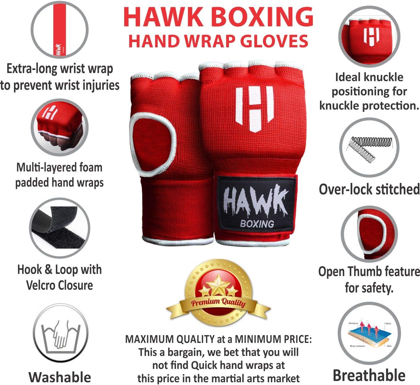 Hawk Padded Inner Gloves Training Gel Elastic Hand Wraps for Boxing Gloves Quick Wraps Men & Women Kickboxing Muay Thai MMA Bandages Fist Knuckle Wrist Wrap Protector Handwraps (Pair) : Sports & Outdoors