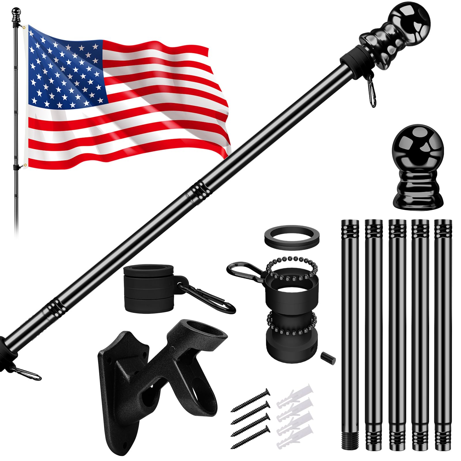 Photo 1 of ***MISSING PARTS***
American Flag with Pole for House Outside, Including 5Ft Heavy Duty Flag Aluminum Poles Kit and 100% Polyester 3x5 ft US Flag, No Tangle Spinning Pole and Multi-Position Flag Pole Bracket