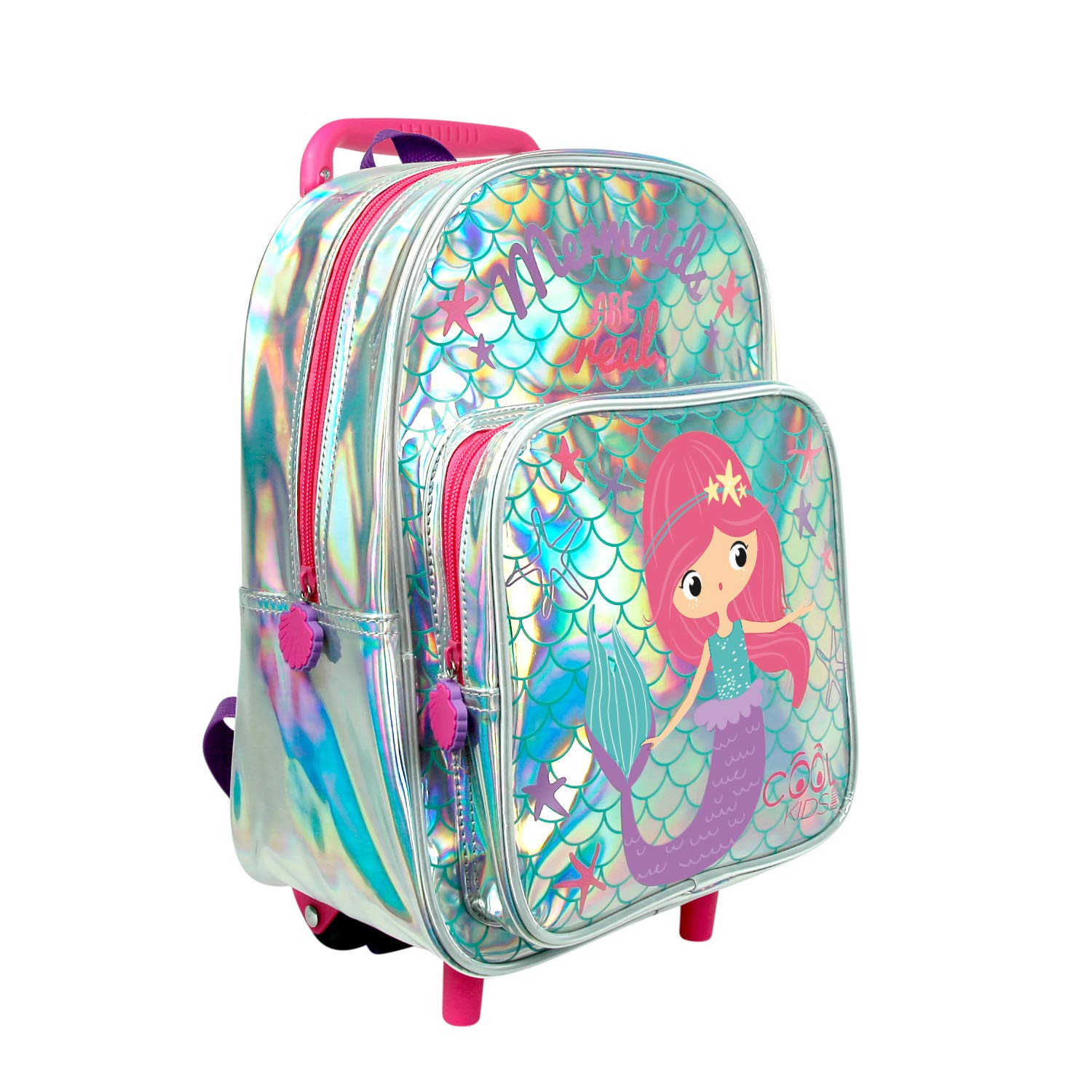 PERLETTI Mermaid Carry On Backpack Children 2/5 Years with Large Pocket - Toddler Kid Rucksack with Wheels for Kindergarten Travel - Little Girl Daypack with Reflective Piping - 33x23x15 cm (Mermaid)