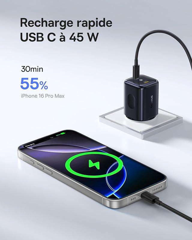 PicoGo II Chargeur USB C 45W, Adaptateur Secteur USB C à 2 Ports, Charge Rapide PD 3.0 PPS Compatible avec iPhone 17/17 Pro Max/16-12, Galaxy S25 Ultra, Pixel, iPad Pro/Air, Steam Deck