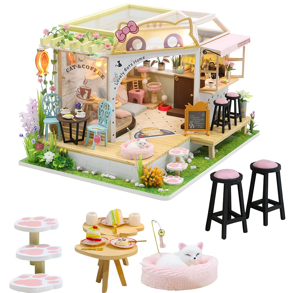 WonDerfulC Cat Cafe Wooden Miniature Dollhouse Kit DIY Pet Cat Coffee Shop Building Model Accessories with Furniture LED Light Music Box Birthday (no Dust Cover)