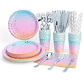 fanquare Rainbow Disposable Party Dinnerware Set, 192 pcs Pastel Paper Plates Cups Napkins for Birthday Decoration, Baby Shower Party Supplies for 24 Guests
