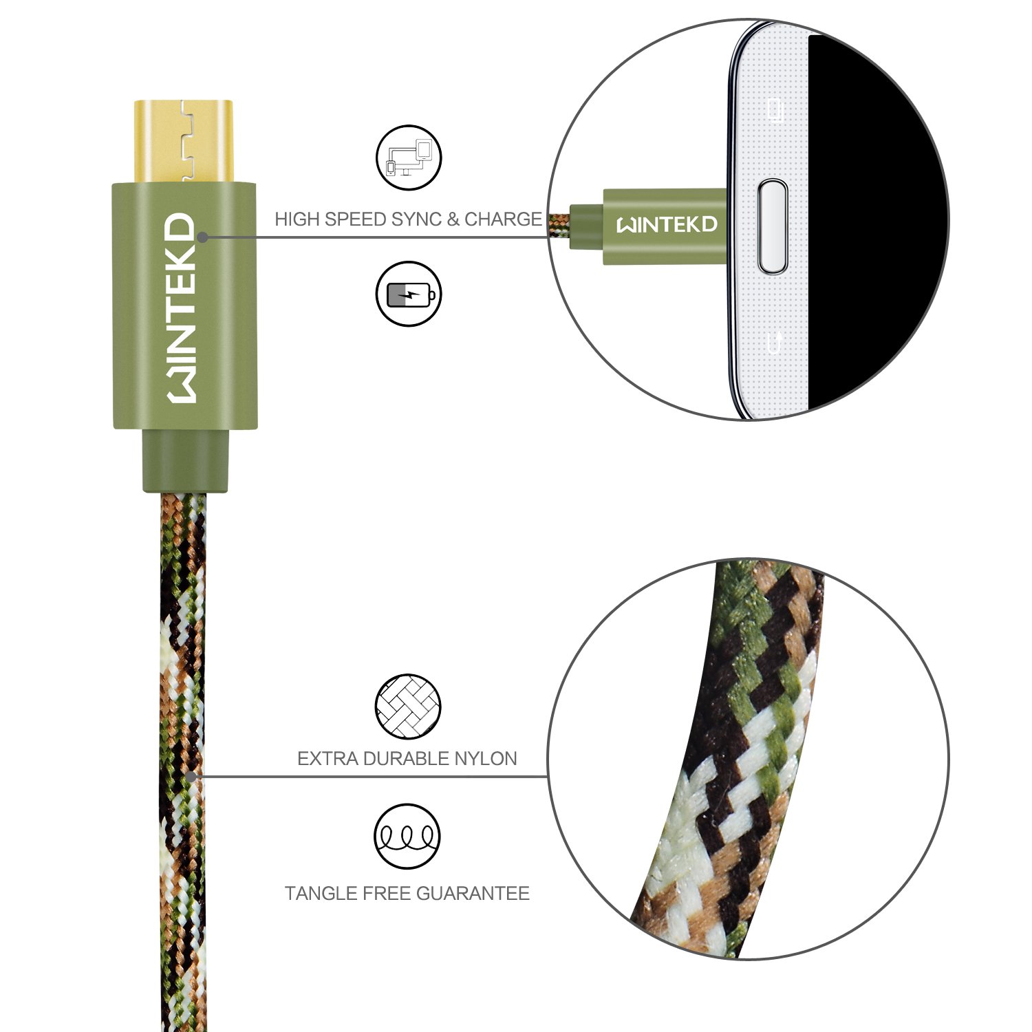 Micro USB Android Cable, WINTEKD [2-Pack 6.6ft] Premium Nylon Braided High Speed USB to Micro USB Charging Cord Android Fast Charger for Samsung Galaxy S7/S6/S5/Edge,Note 5/4/3,HTC,LG - (Camo Green)