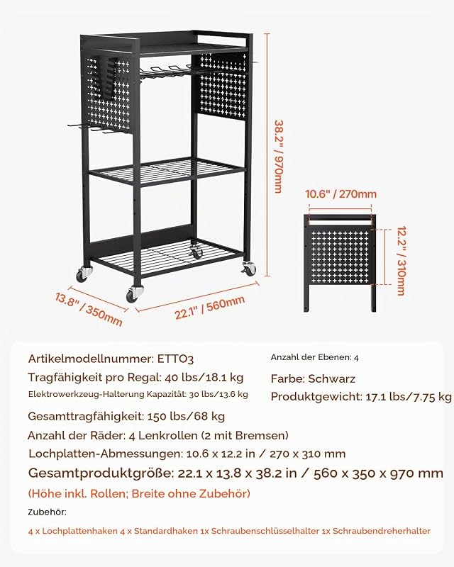 Werkzeugwagen mit 4 Ebenen, Tragkraft 68 kg, Werkstattwagen mit rollbarem Bohrerhalter & stabilem Lagerregal, Montagewagen für die Garage, Werkstatt, Garage, schwarz, 560x350x970 mm