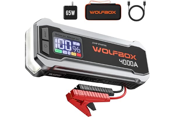 WOLFBOX MV24 4000A Jump Starter,12V Car Booster Pack with 65W Quick Charger,LED Display, 88.8Wh Portable Jump Starter Battery
