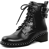 Jaffamiraco Women's Chunky Combat Boots Lace Up Ankle Booties with Buckle Straps Studded Low Block Heel Casual Short Boots