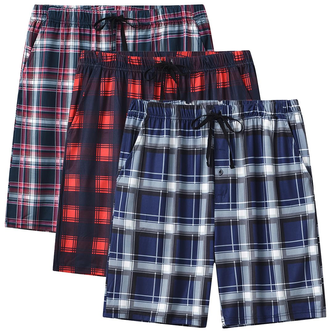 Photo 1 of MoFiz Mens Pajama Bottoms Sleep Plaid Shorts Soft Comfort Fit Loungewear Sleeping Bedroom 3Pack PJS Shorts Large