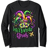 Mardi Gras Shirts for Women Kids Men Beads Mask Feathers Hat Long Sleeve T-Shirt