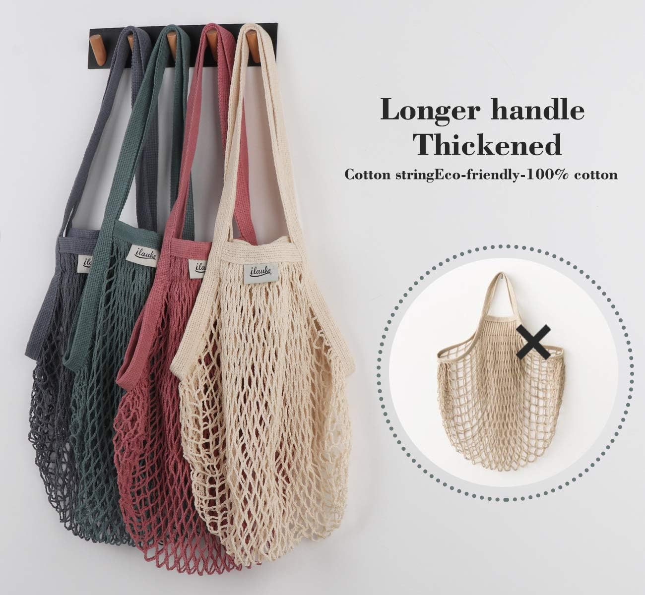 ilauke 5 Pcs String Bags Shopping, Portable and Washable Cotton Reusable Grocery Mesh Bags with Long Handle - Image 5
