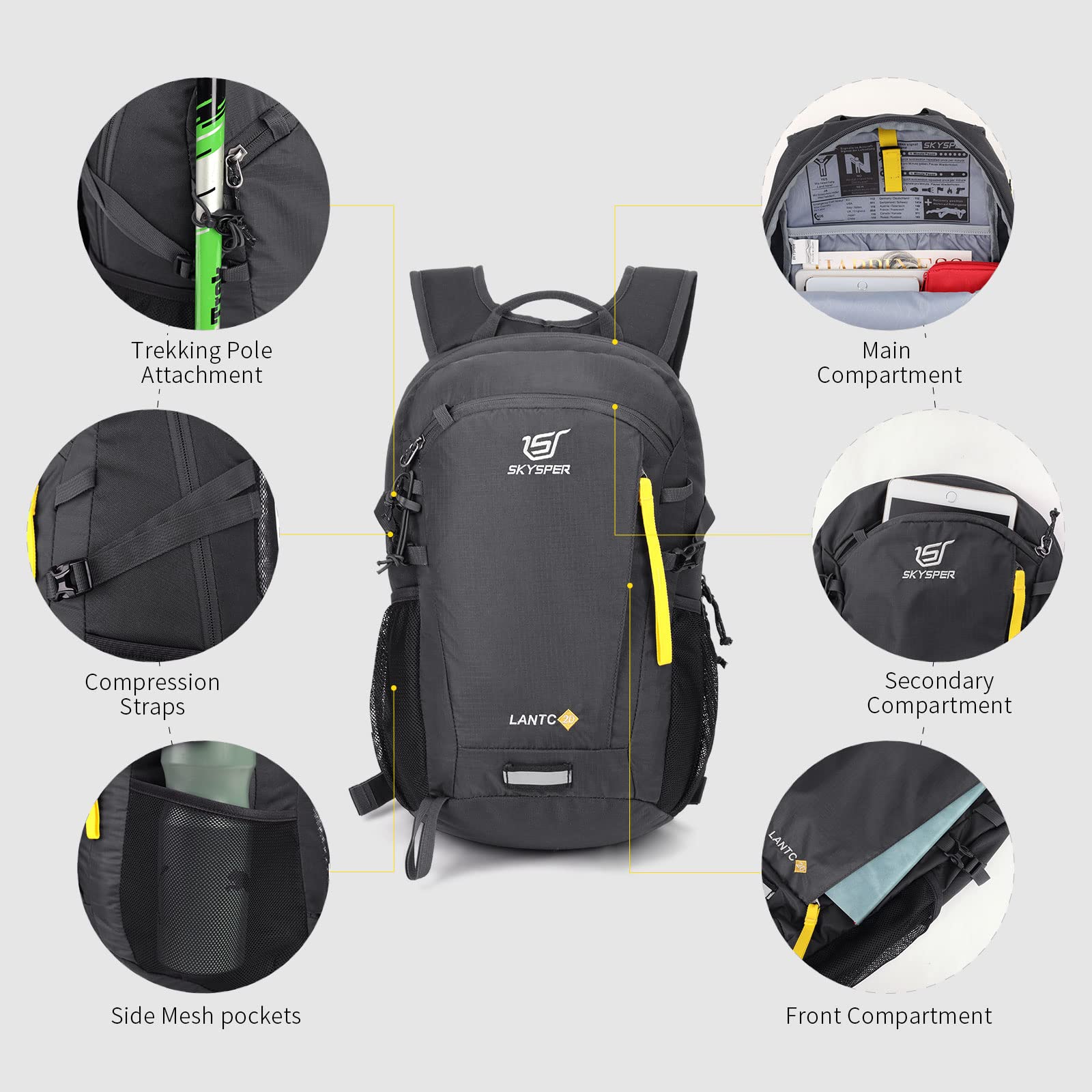 SKYSPER Leicht Wanderrucksack Klein Rucksack mit Rückenbelüftung Trekkingrucksack aus atmungsaktivem 3D Air Mesh Polyester Camping Outdoor Wandern Rucksack 5