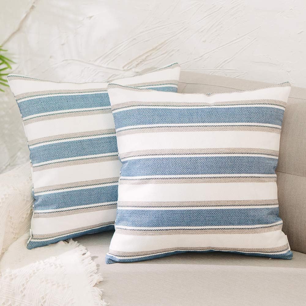 2 Pcs Stripe Pillow Case Faux Linen Square Decorative Throw Cushion Cover Pillowcase with Invisible Zipper for Bed 16" x 16"