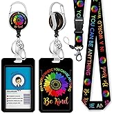 Giancomics Be Kind Lanyards for Id Badges, ID Badge Holder with Lanyard Badge Reel Retractable, Flower Teacher Lanyard with ID Holder Keychain Clip Name Tag ID Card Holder for Women Work Office Gift