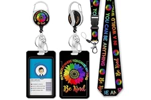 Giancomics Be Kind Lanyards for Id Badges, ID Badge Holder with Lanyard Badge Reel Retractable, Flower Teacher Lanyard with ID Holder Keychain Clip Name Tag ID Card Holder for Women Work Office Gift