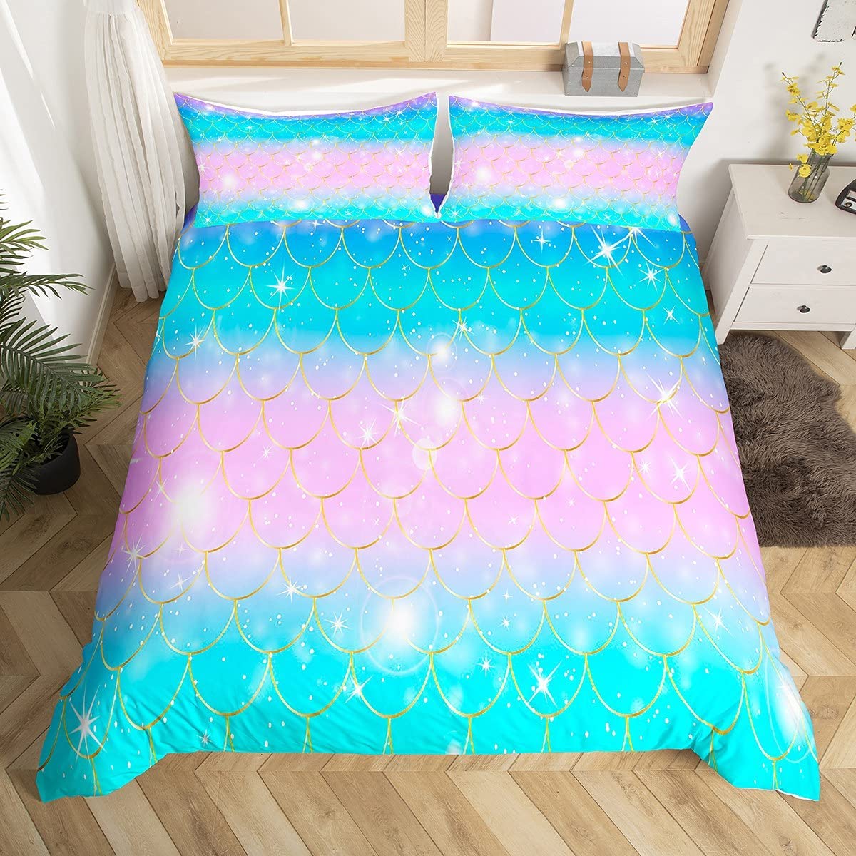 Loussiesd Girls Bedding Set for Children Girly Mermaid Scales Comforter Cover Decorative Fish Scales Duvet Cover Ocean Marine Themed Bedspread Single Size Room Decor 2Pcs