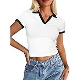 Avanova Women Polo V Neck Crop Tops Ringer Tee Short Sleeve Cropped T Shirts