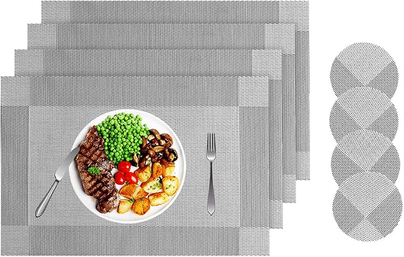 Miorkly Placemats and Coasters Set of 4 Silver Grey PVC 18x12 in