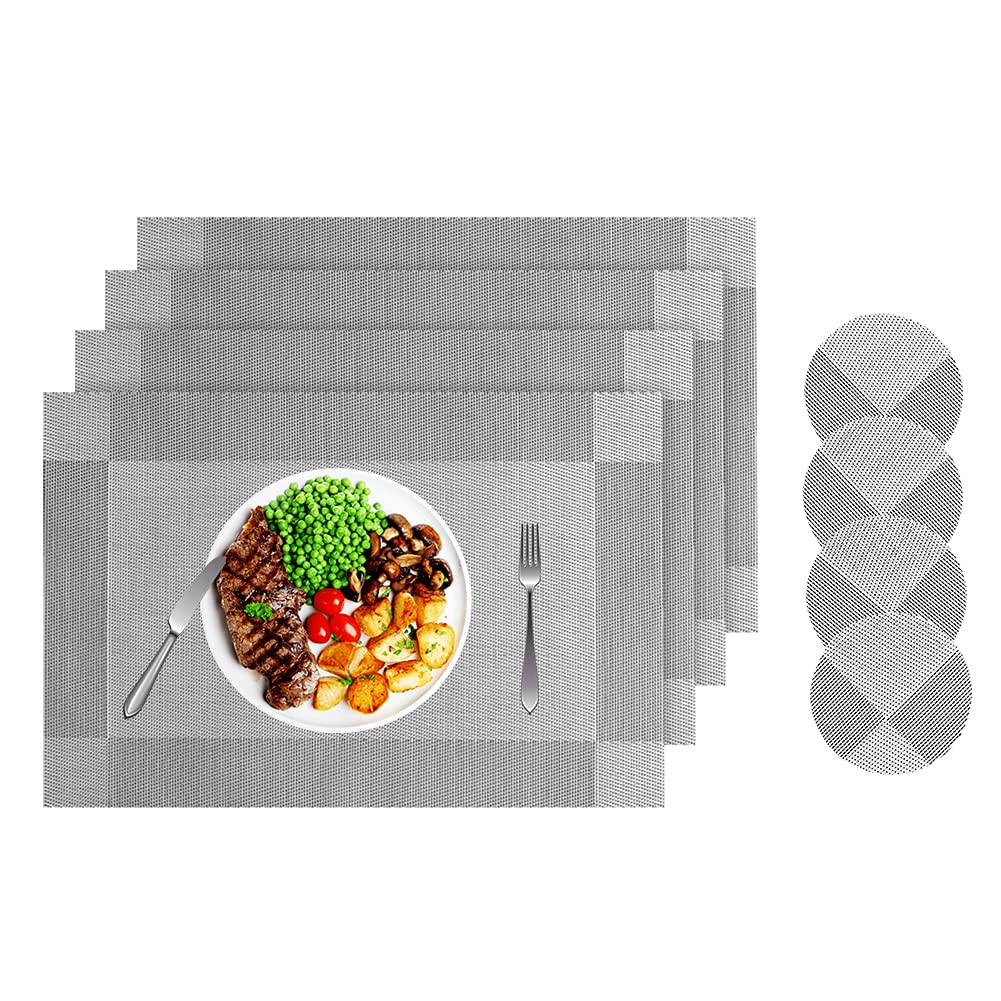 Miorkly Placemats and Coasters Sets of 4 Silver Grey Christmas Table Mats Resistant Washable PVC Table Place Mats and Coaster Sets for Home Restaurant…