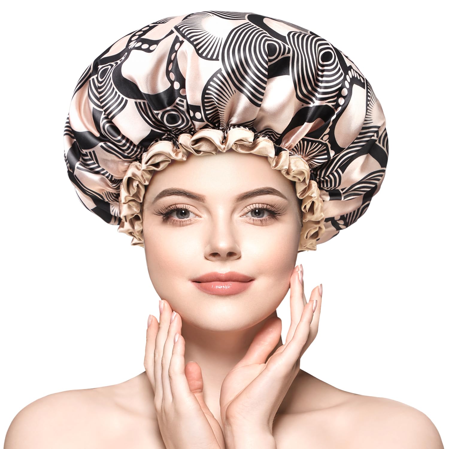 mikimini Shower Cap for Women, Reusable Waterproof Bath Hat for Ladies, Suitable for Short to Medium Hairs, Elegant Champagne Shower Caps add a Touch of Luxury, 2Pack