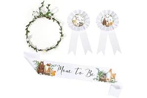 XINNUN 4 Pieces Mom to Be Sash for Woodland, Baby Shower Sash Mom to Be Corsage with Sage Green Leaf Crown Dad to Be Corsage Set Woodland Theme Baby Shower Party Favors for Gender Reveal (White Flower)