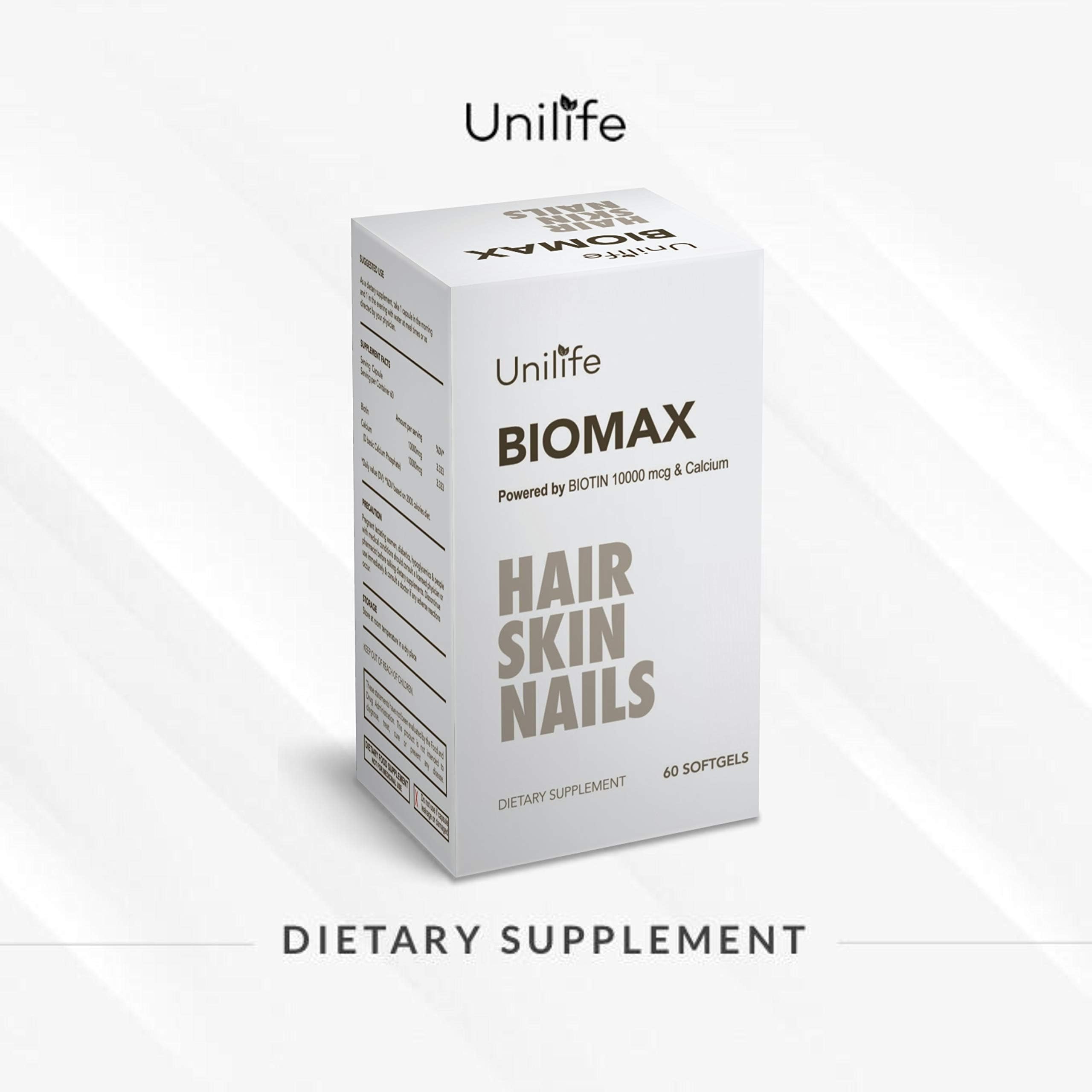 Unilife Biomax Softgels Biotin 10000 mcg with Calcium for Hair, Nails & Skin Supplements.
