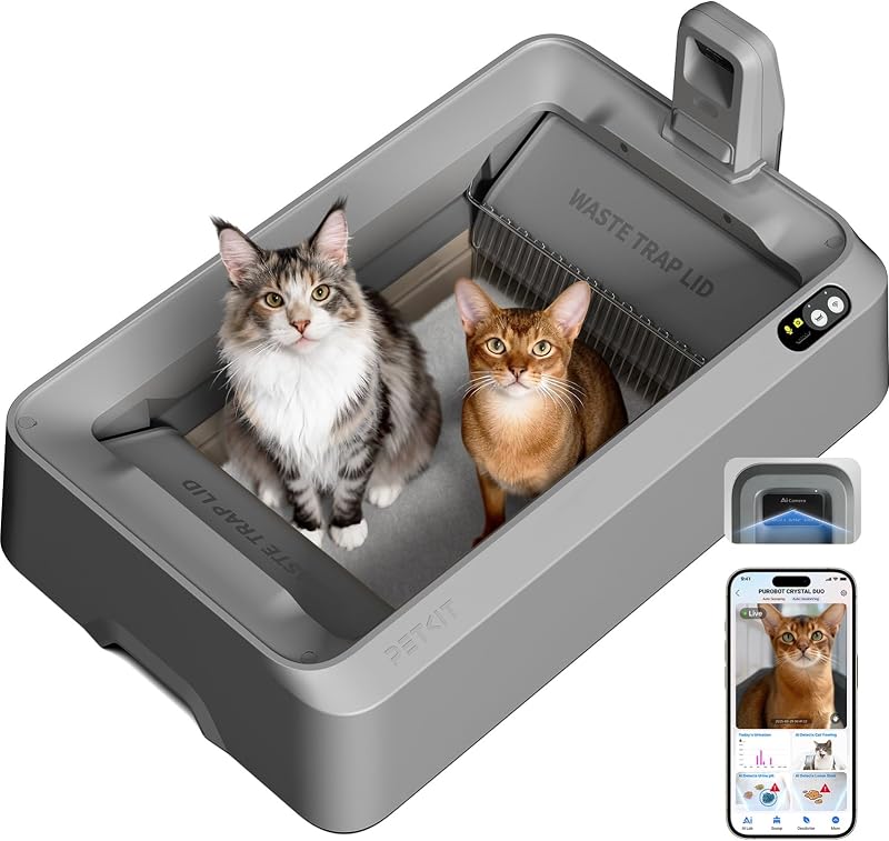 Katzenklo Selbstreinigend,Offene Selbstreinigende Katzentoilette mit Kamera,AI-Gesundheitsüberwachung, Design für große Katzen, Kompatibel mit Kristall-Katzenstreu,Grau