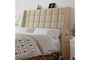 ONBRILL Ergonomic Upholstered Headboard Queen Size w/Charging Station, Linen Wingback Headboards w/Storage Pocket, Queen Headboard Only, Bed Frame Adapters, Sturdy Stable Solid Wood Bed Head Board, Beige