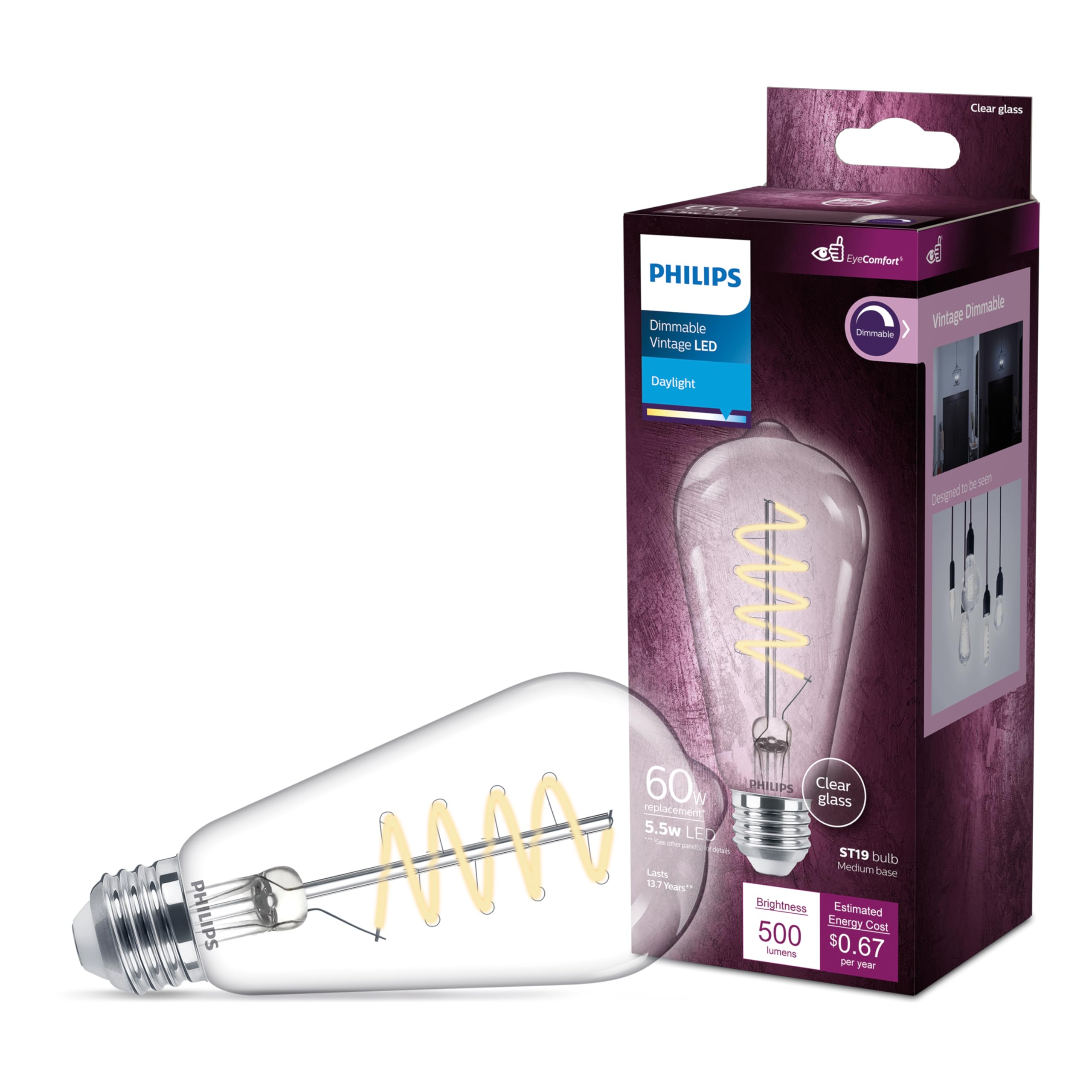 Photo 1 of PHILIPS LED 60W ST19 1-Pack Vintage Edison Spiral Daylight (5000K) 500 Lumen (5.5W = 60W) Dimmable Flicker-Free Light Bulb