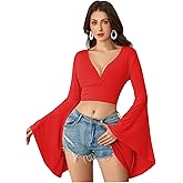 Floerns Women's V Neck Long Bell Sleeve Wrap Blouse Top Tee Shirts