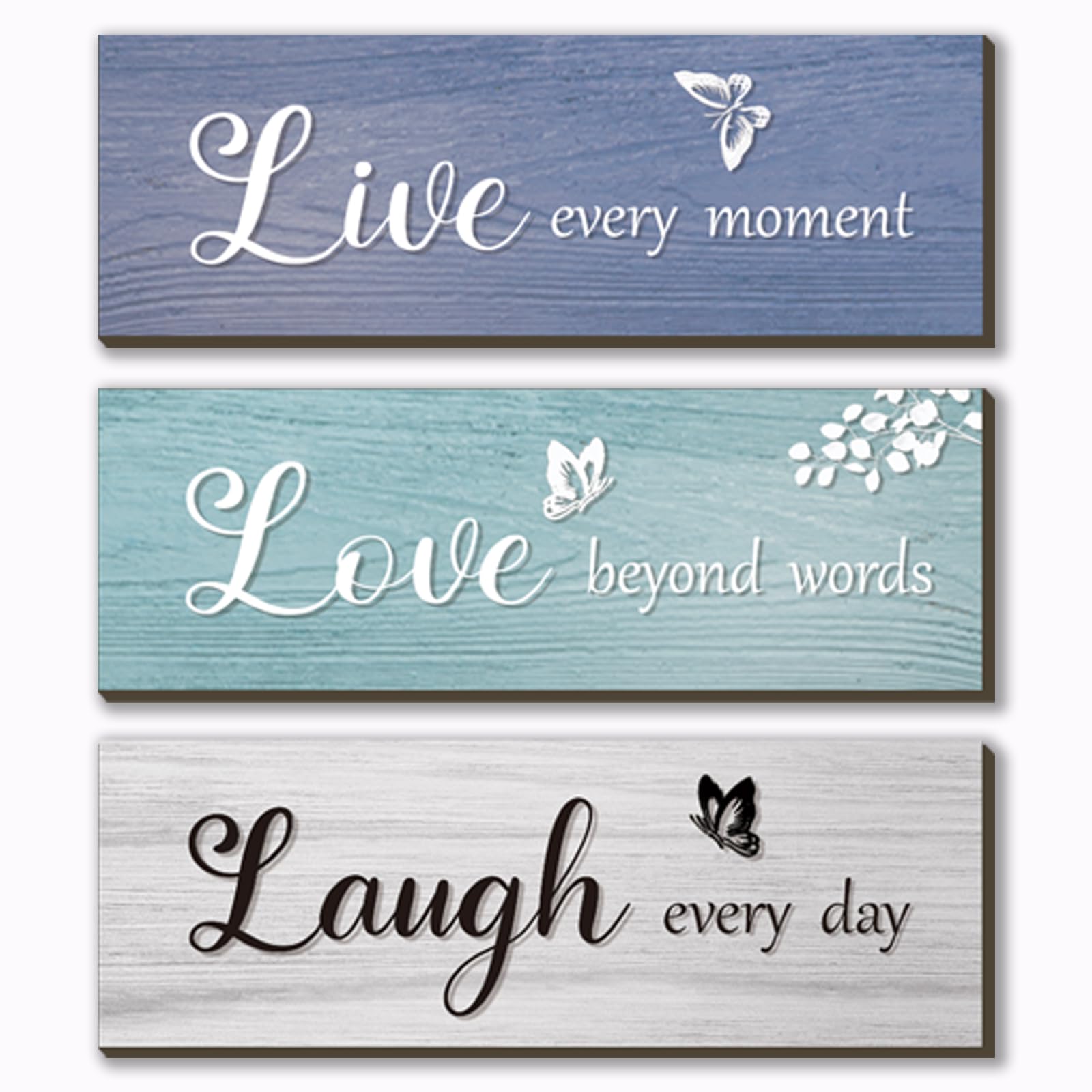 Photo 1 of FENCORDAR 3 Pieces Rustic Living Room Wall Decor Blue Room Decor Love and Laugh Quote Farmhouse Sign for Home Wedding Kitchen Living Room Bedroom Bathroom(Blue, 12x4Inch)