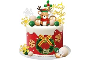 ZXSWEET Christmas Cake Topper Handmade Reindeer Figure Cake Decorations Green Gold Balls Snowflake Cake Toppers for Winter Holiday Cake Decor Christmas Theme Supplies